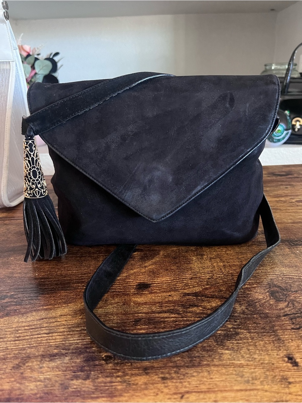 Salvatore Ferragamo Vintage Black Suede Envelope Crossbody with Tassel Detail